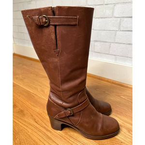 Dansko Womans 8.5 Tall Leather Boots Round Toe Buckles Knee High Brown Size 39